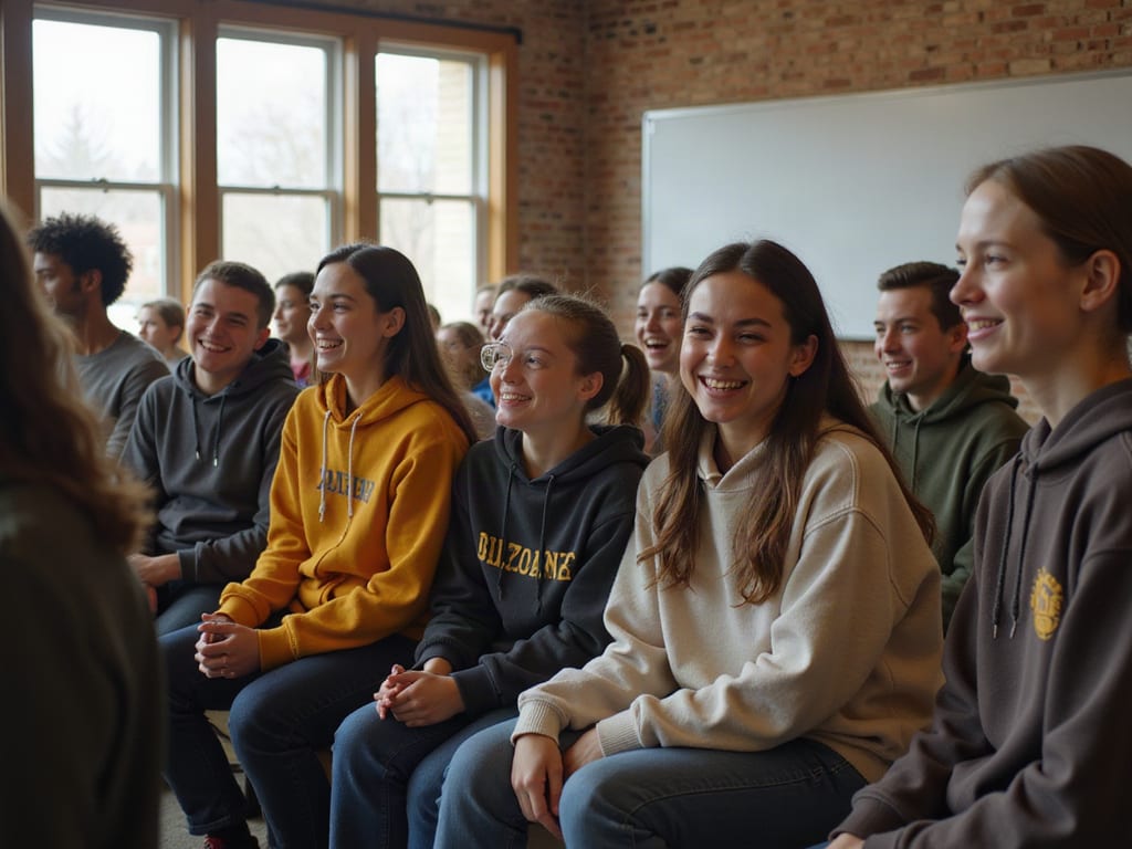 Young people laughing together in a community hall